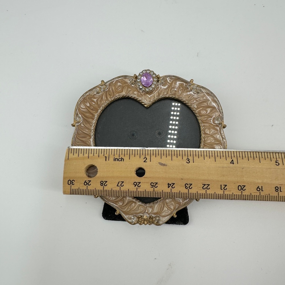 Ornate Heart Shaped Marbled Enamel Picture Frame Purple Rhinestone Gold Tone - Picture 5 of 7